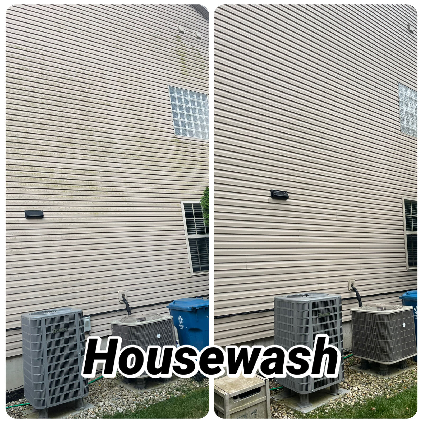 House wash before and after, siding and AC units