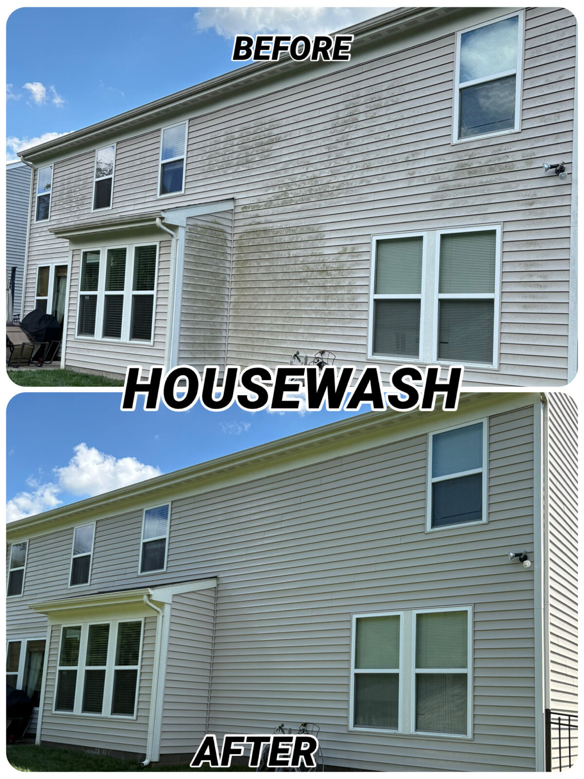 House wash before and after, back of home